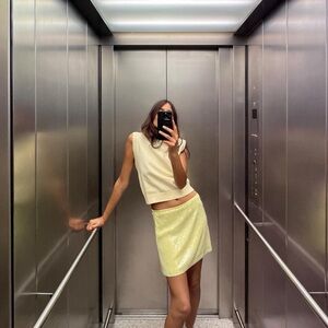 NWT Zara sequin mini skirt, yellow/lime green, size small